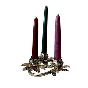 Vintage silver antiqued metal 3 flower candle holder footed wedding home decor
